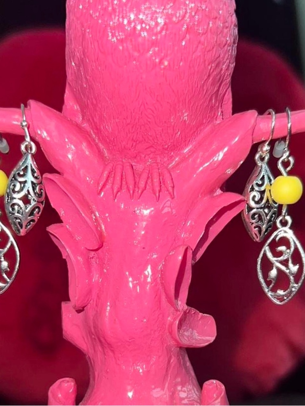 Vintage set of silver Filigree Dangle Earrings with Yellow Bead - Women Jewelry